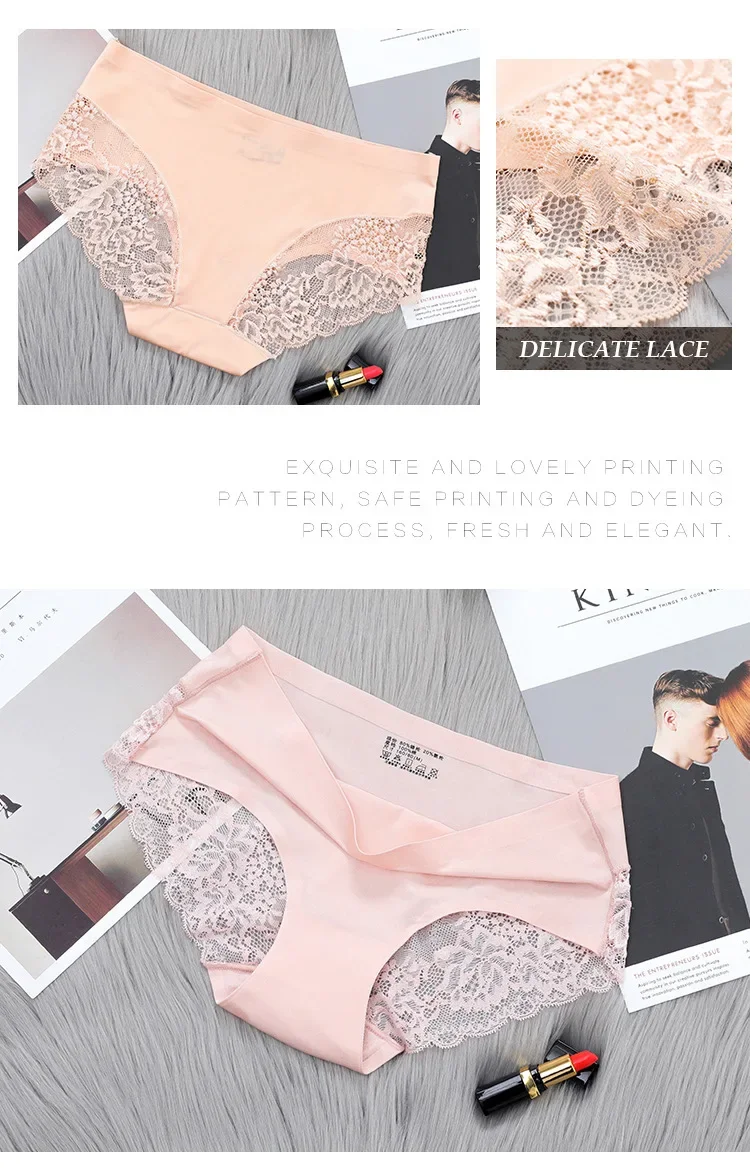 French Luxury Sexy Lace Panties Soft Women Seamless Underwear Silk Splice Breathable Intimate Brief and XXL Plus Size Lingerie