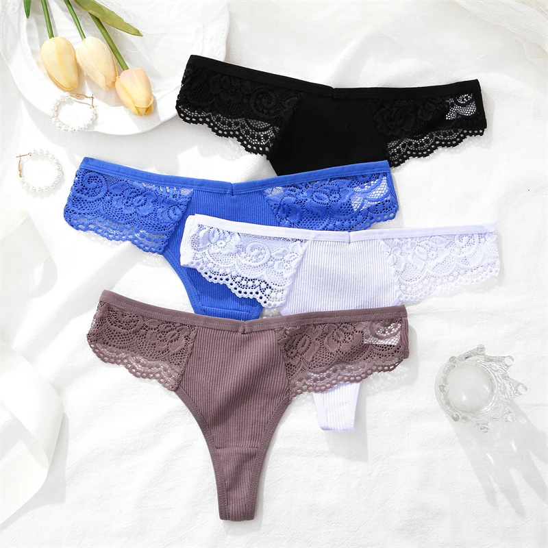 FINETOO 3Pcs Women's Cotton Underwear Lace Thongs Sexy Solid Color Low Waist Bikini Panties Ladies Breathable G-string Lingerie