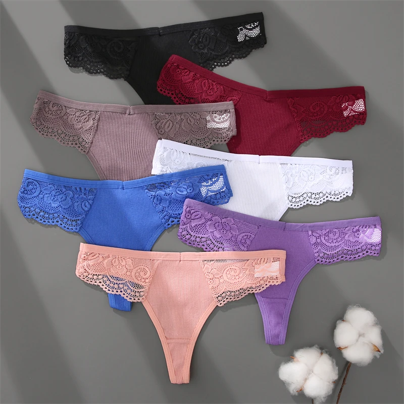 FINETOO 3Pcs Women's Cotton Underwear Lace Thongs Sexy Solid Color Low Waist Bikini Panties Ladies Breathable G-string Lingerie