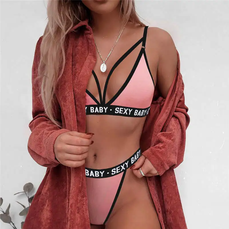 Exotic Sets Sexy Women's Sports Bra Set Without Underwire Bandage Corset Letter Bra + Thong Sexy Bikini Top Panties Sex Clothes