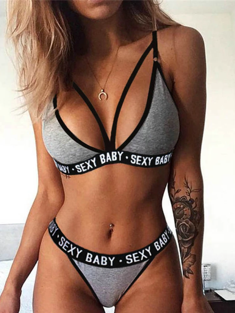 Exotic Sets Sexy Women's Sports Bra Set Without Underwire Bandage Corset Letter Bra + Thong Sexy Bikini Top Panties Sex Clothes