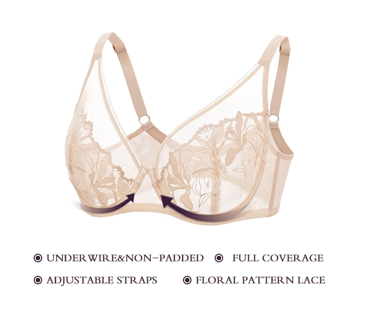 Women's Sexy Transparent Floral Lace Bra Minimizer Sheer Unlined Underwire Full Coverage Plus Size Sheer Breathable Lightweight