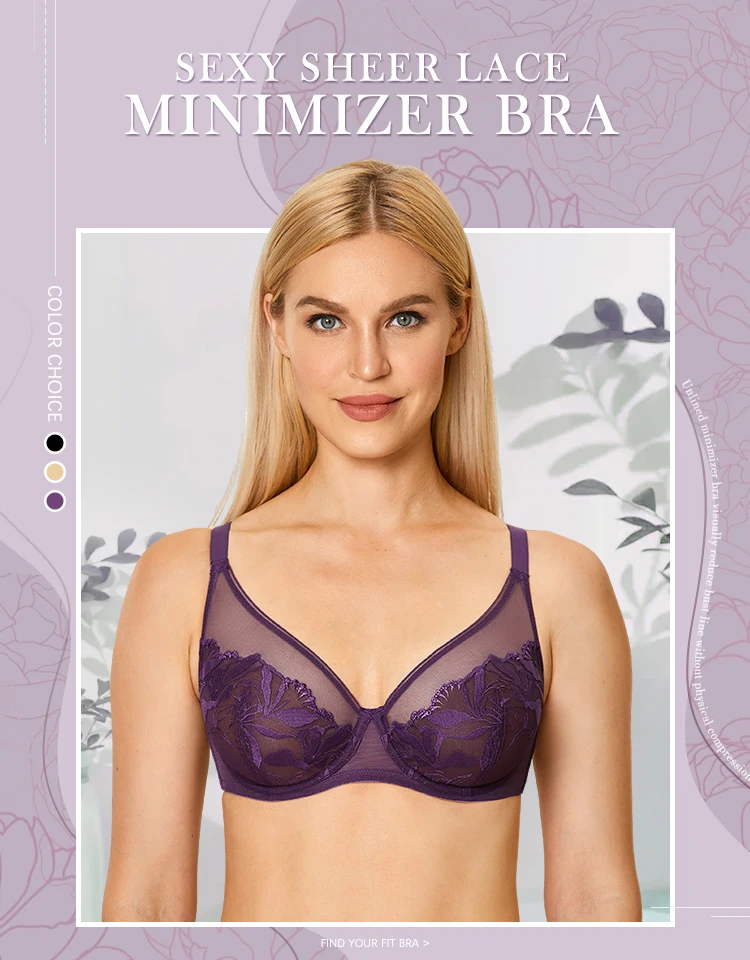 Women's Sexy Transparent Floral Lace Bra Minimizer Sheer Unlined Underwire Full Coverage Plus Size Sheer Breathable Lightweight